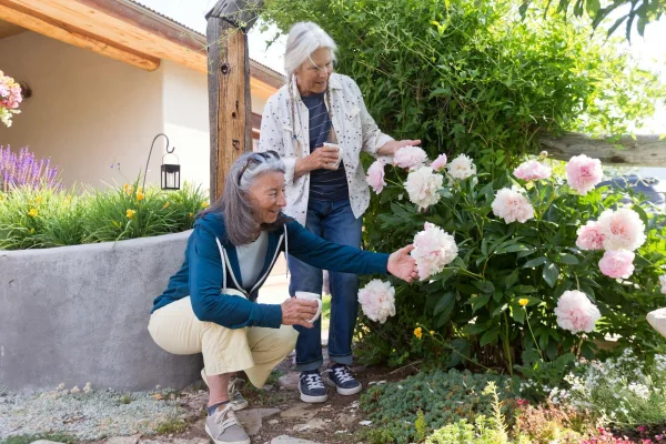 Zwei ältere Frauen betrachten gemeinsam blühende Pfingstrosen im Garten